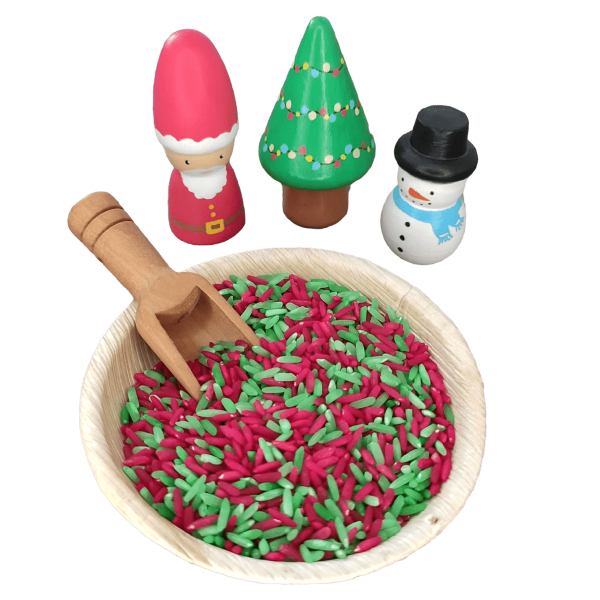Themaset speelrijst in het thema kerst met kerstman, kerstboom en sneeuwpop van hout.